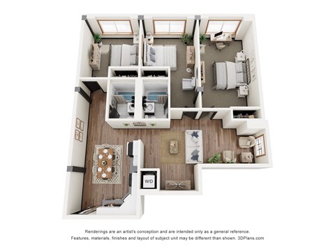 Floor plan for 3 beds, 2 baths, 1289 sqft